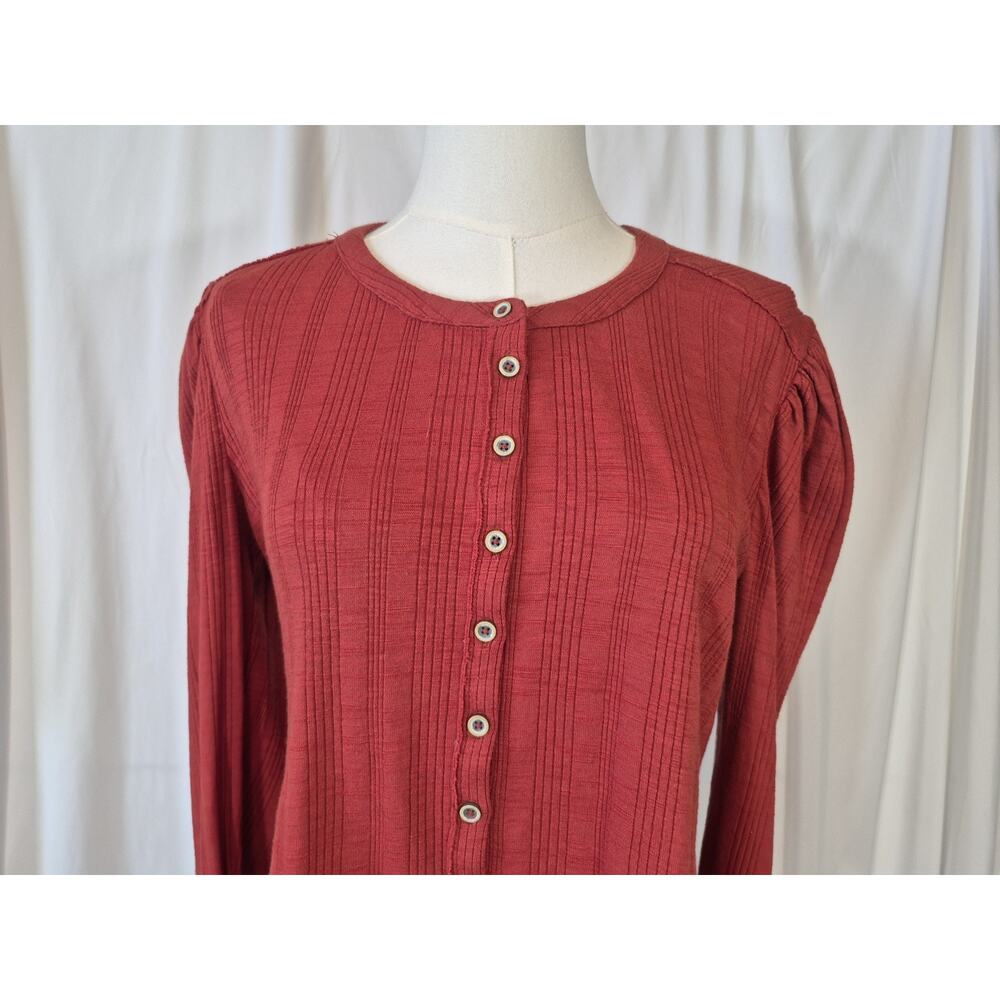 Pilcro Ribbed Puff Sleeved Red Cotton Blend Shirt Top Medium - Picture 6 of 11
